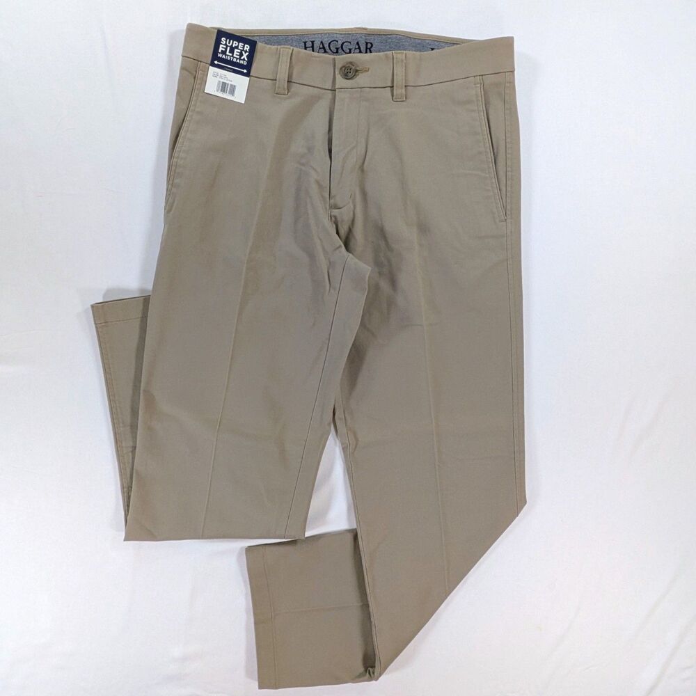 Haggar Premium Super Flex Waistband Size 32x30 Men's Khaki Flat Front NWT preppy